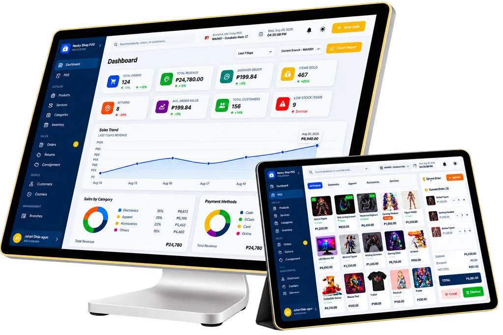 WeMake POS sales dashboard and checkout on desktop and tablet