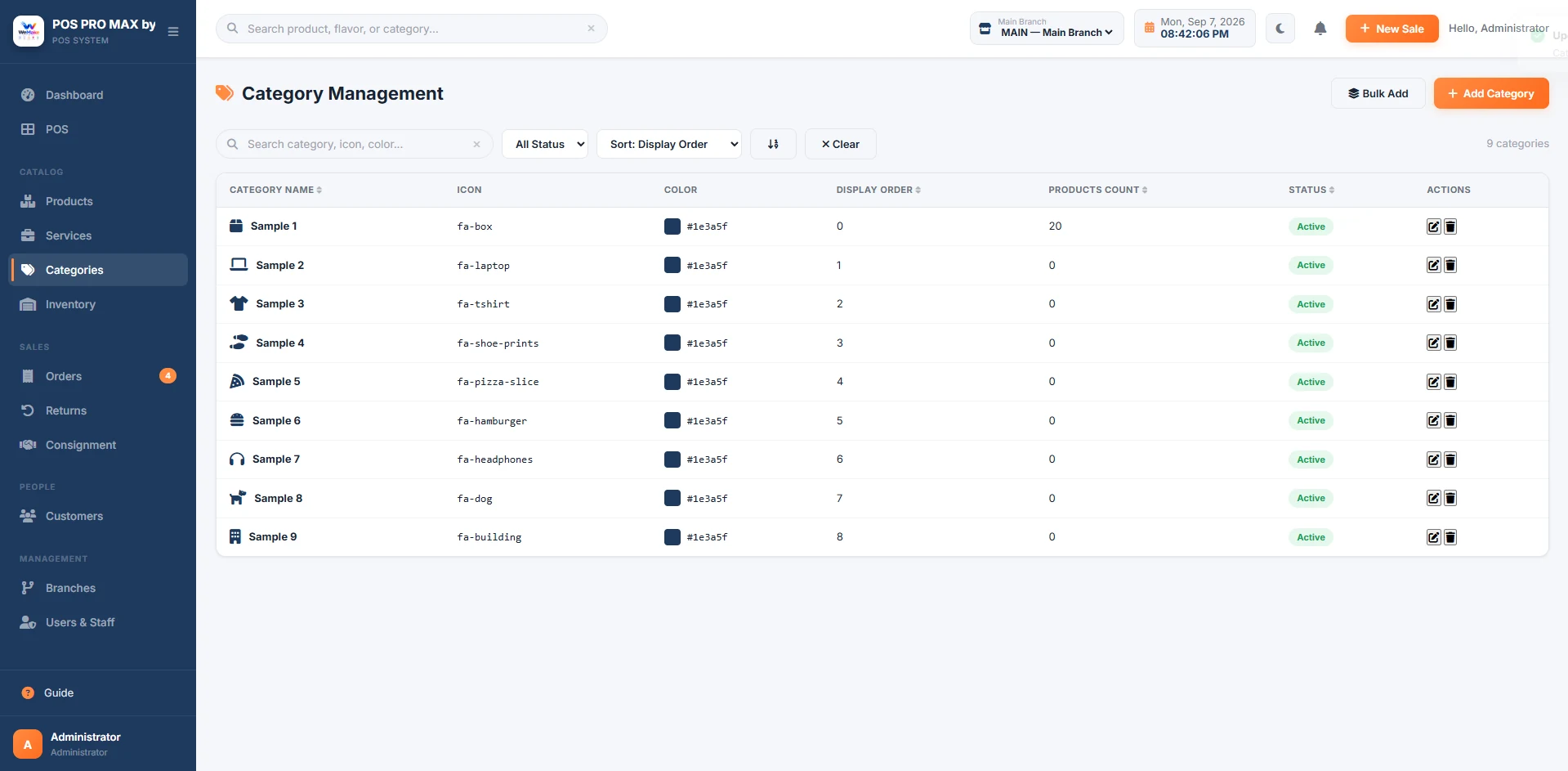 WeMake POS category management table with icons and colors