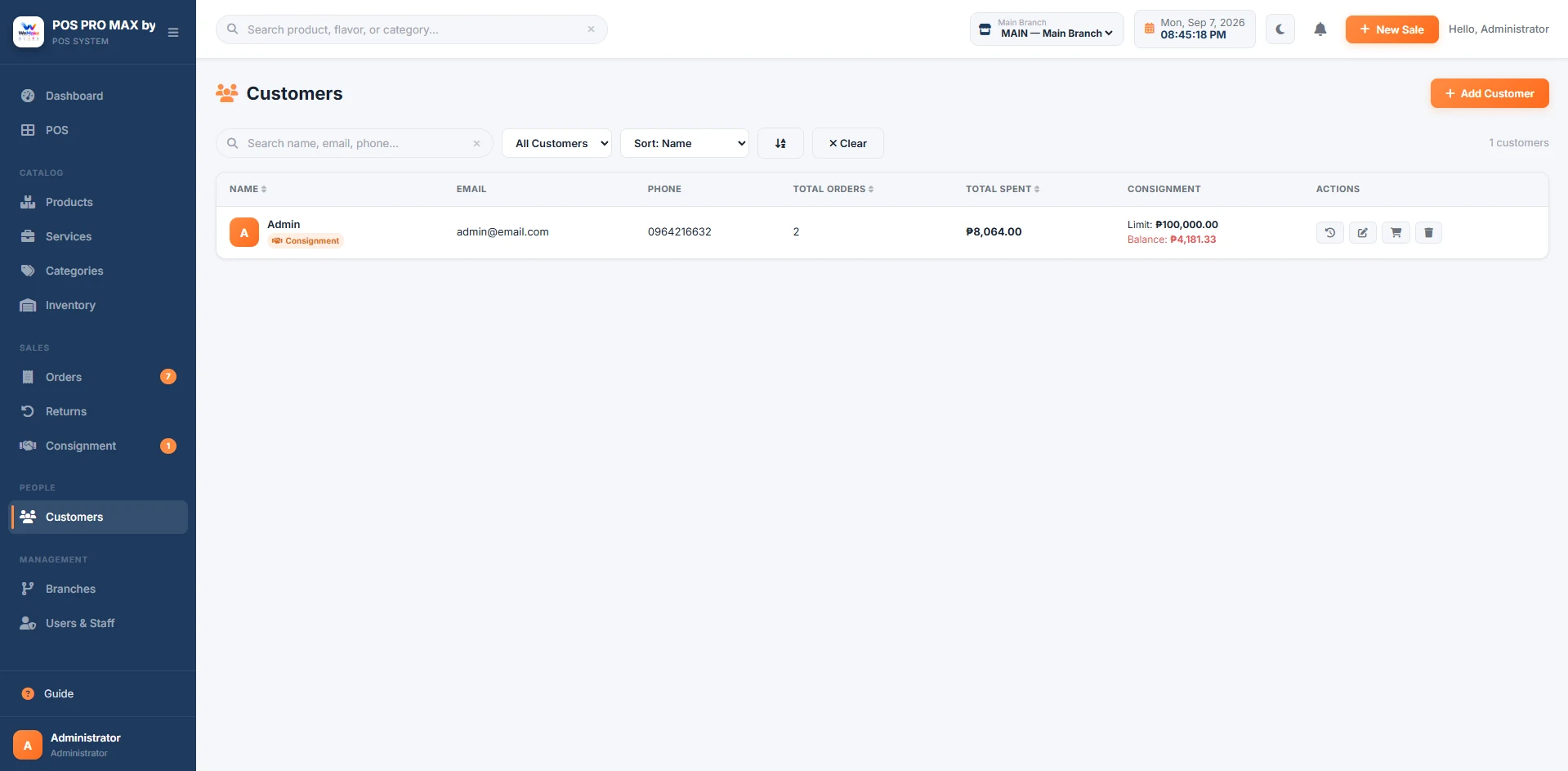 WeMake POS customer list with contact, order, and consignment information