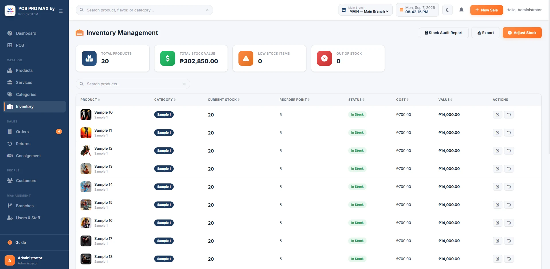 WeMake POS inventory screen with current stock and reorder points
