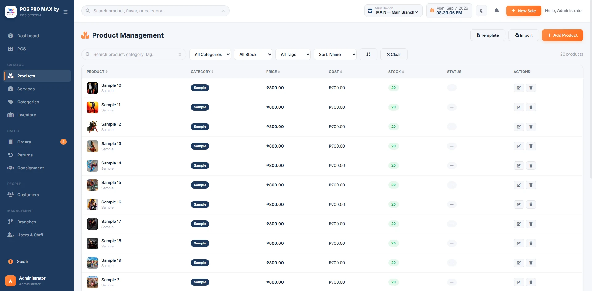 WeMake POS product management list with search and filters