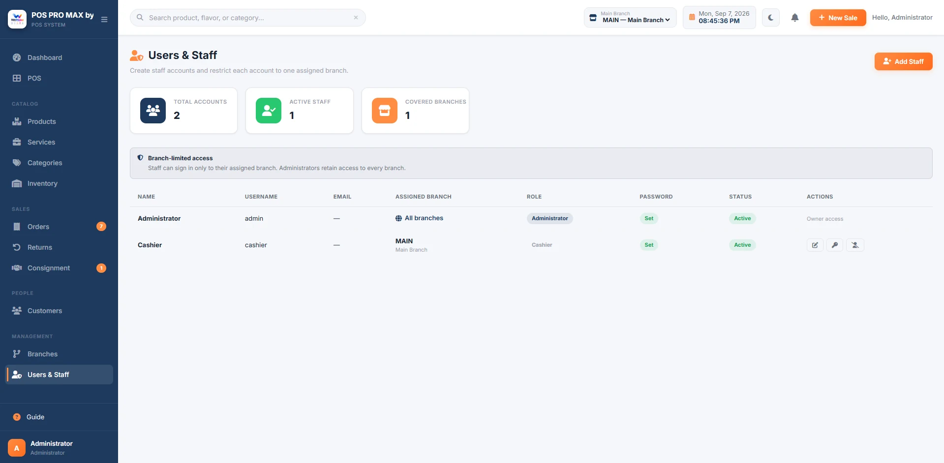 WeMake POS users and staff screen with assigned branches and role access